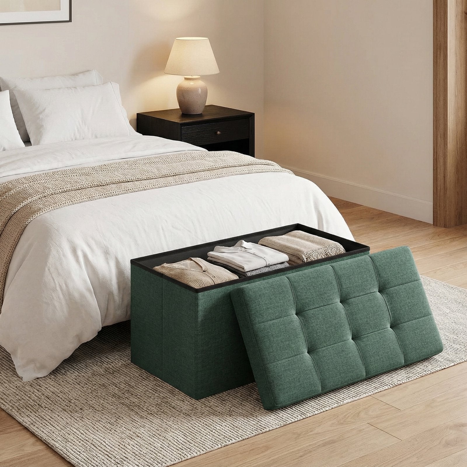 Storage Ottoman Bench - MDF and Linen-Look Fabric - Vintage Green