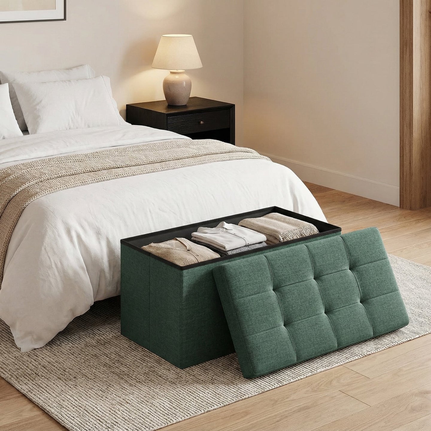 Storage Ottoman Bench - MDF and Linen-Look Fabric - Vintage Green