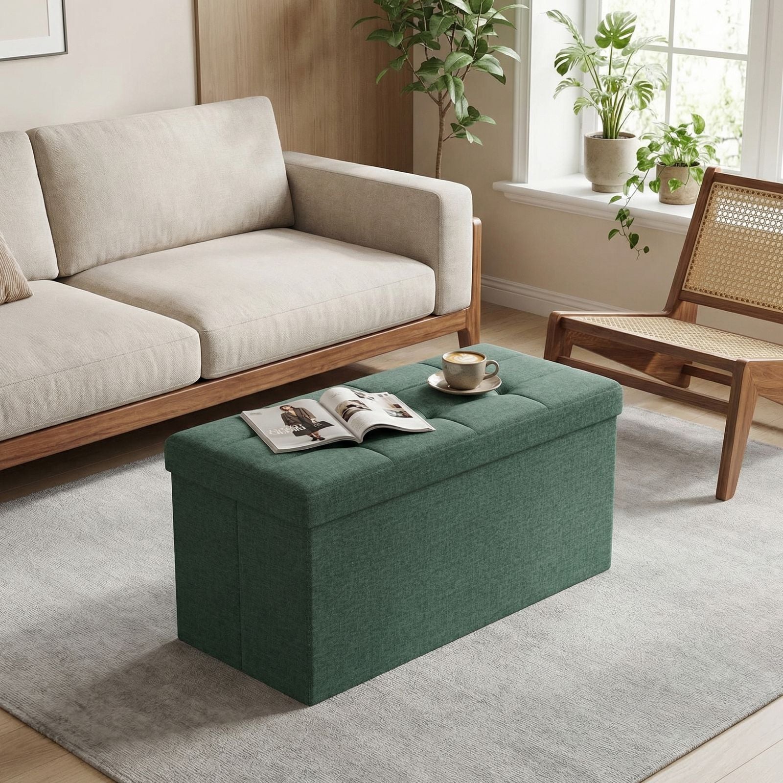 Storage Ottoman Bench - MDF and Linen-Look Fabric - Vintage Green