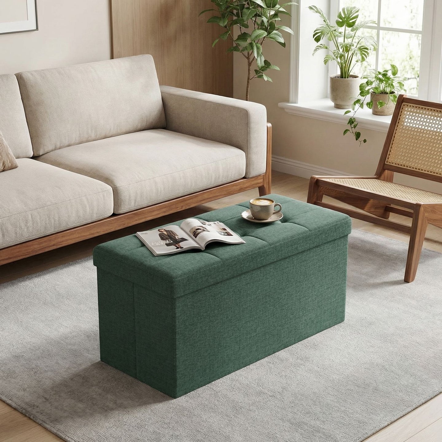 Storage Ottoman Bench - MDF and Linen-Look Fabric - Vintage Green