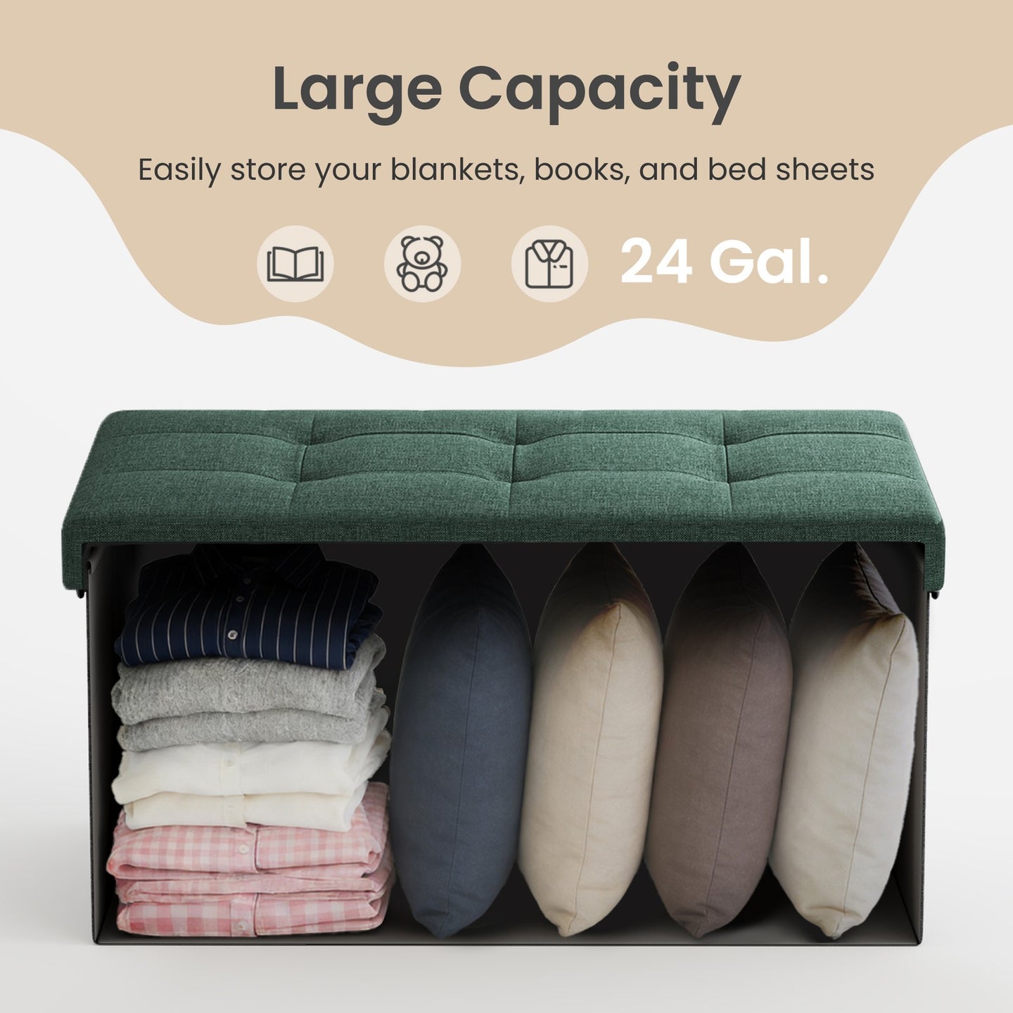 Storage Ottoman Bench - MDF and Linen-Look Fabric - Vintage Green