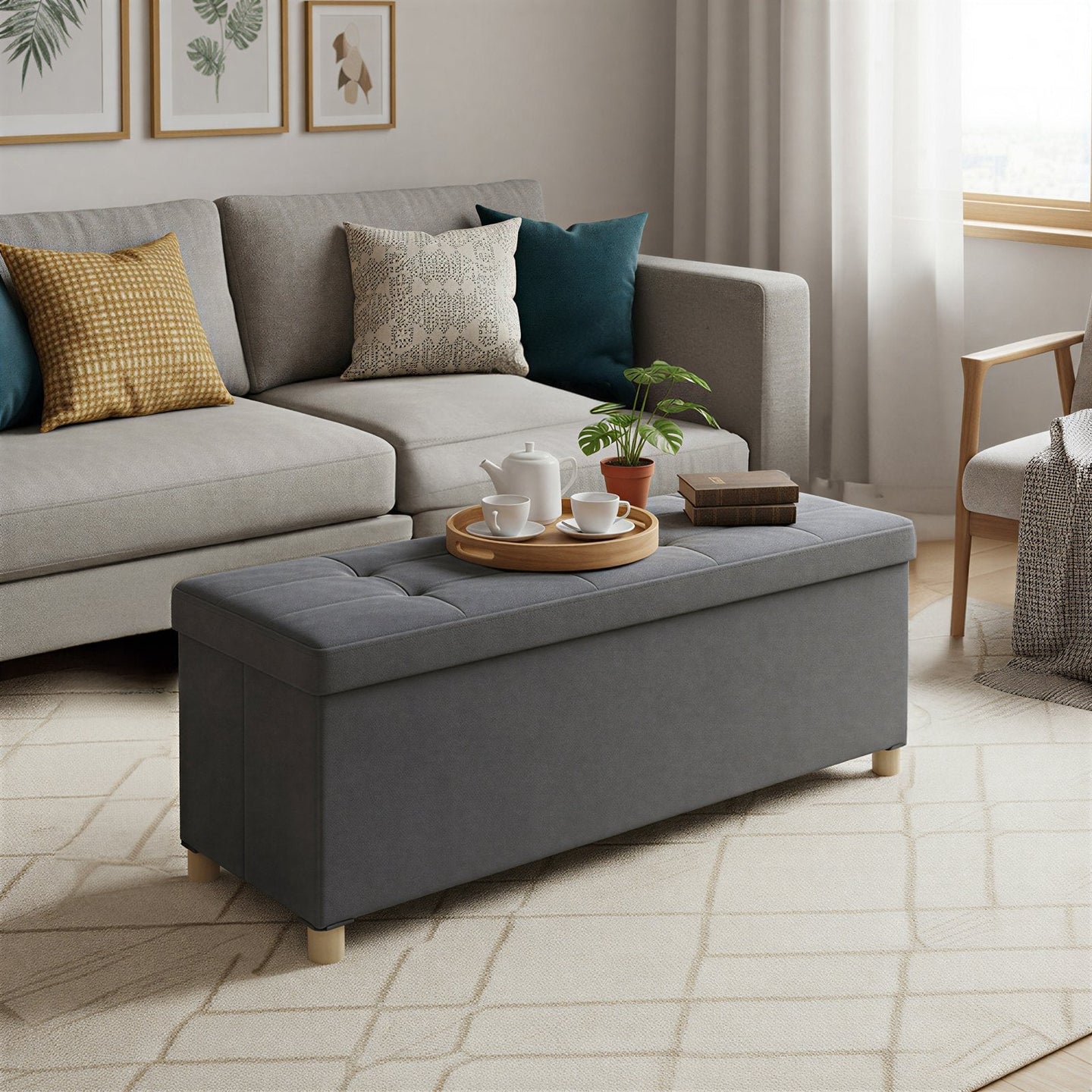 Foldable Storage Ottoman - Velvet - Cappuccino Beige - 112 L Capacity with Lid