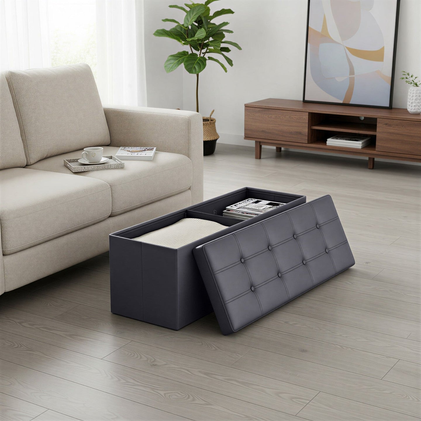 Folding Storage Bench - Fabric - Ink Black - Versatile Ottoman with Internal Storage