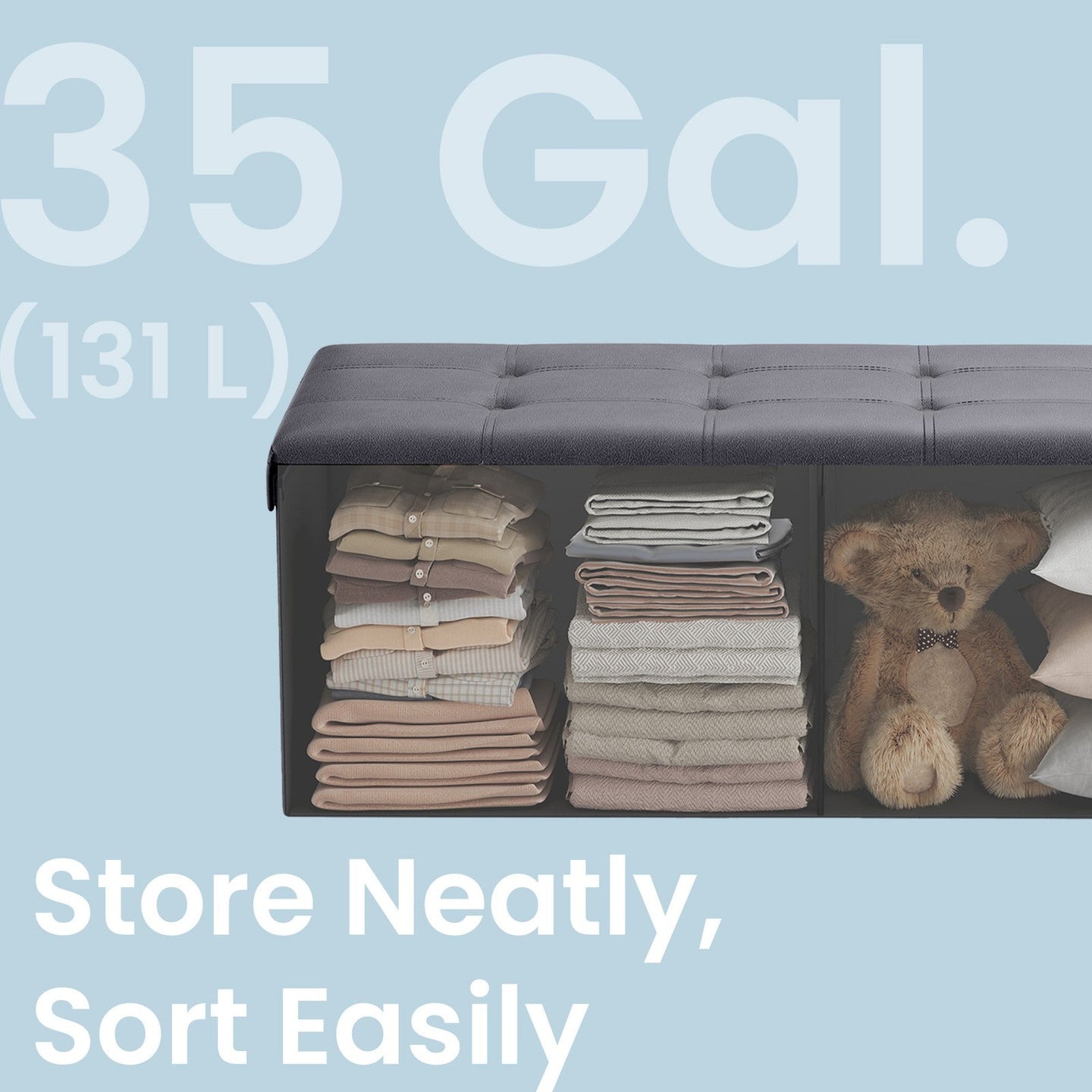Folding Storage Bench - Fabric - Ink Black - Versatile Ottoman with Internal Storage