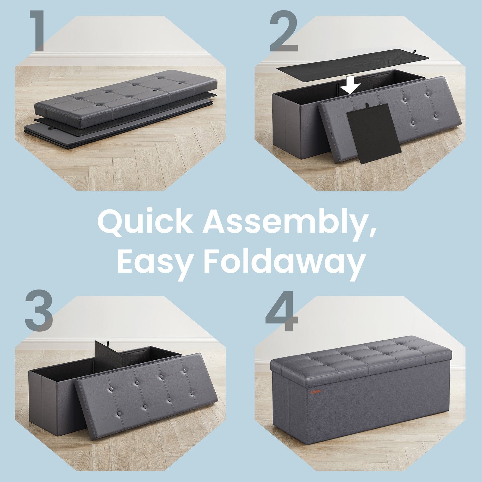 Folding Storage Bench - Fabric - Ink Black - Versatile Ottoman with Internal Storage