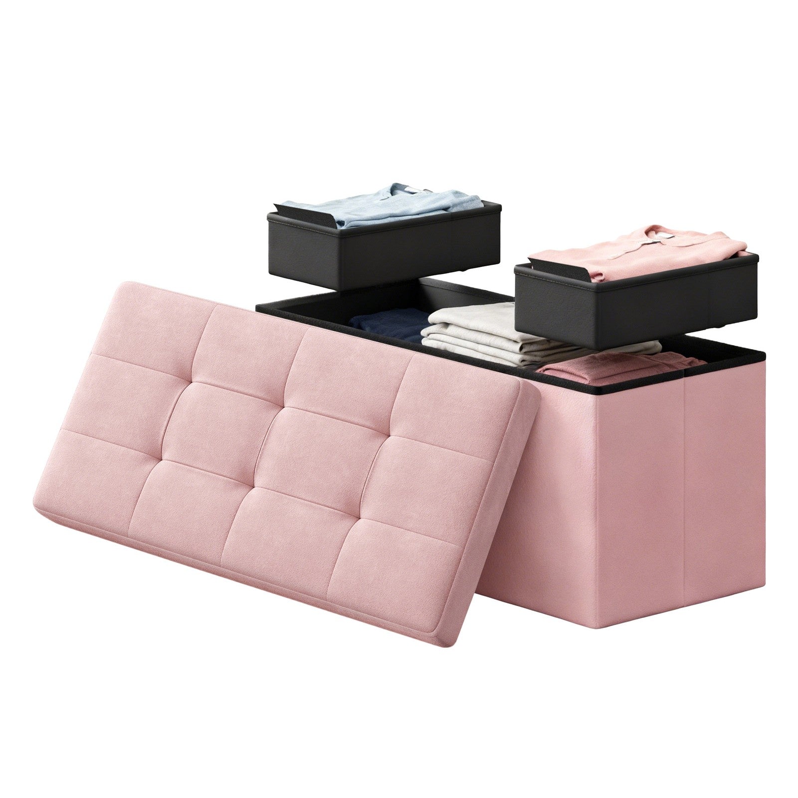 Storage Ottoman, Foldable Velvet Storage Bench - MDF and Velvet - Pink