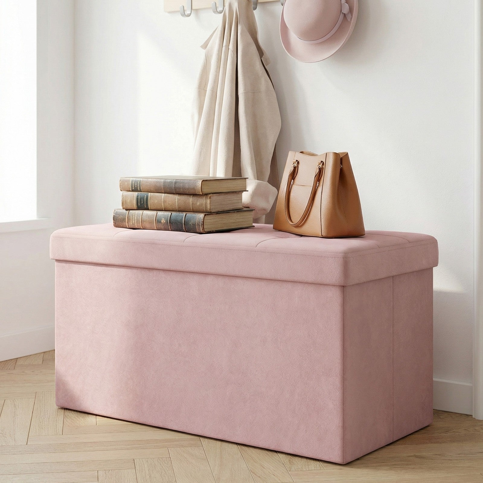 Storage Ottoman, Foldable Velvet Storage Bench - MDF and Velvet - Pink