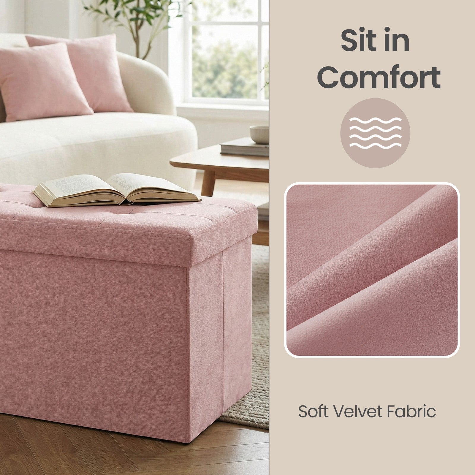 Storage Ottoman, Foldable Velvet Storage Bench - MDF and Velvet - Pink