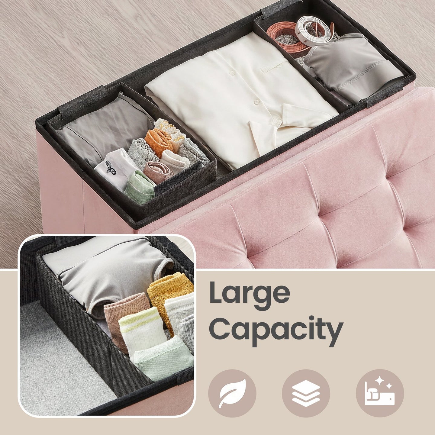 Storage Ottoman, Foldable Velvet Storage Bench - MDF and Velvet - Pink