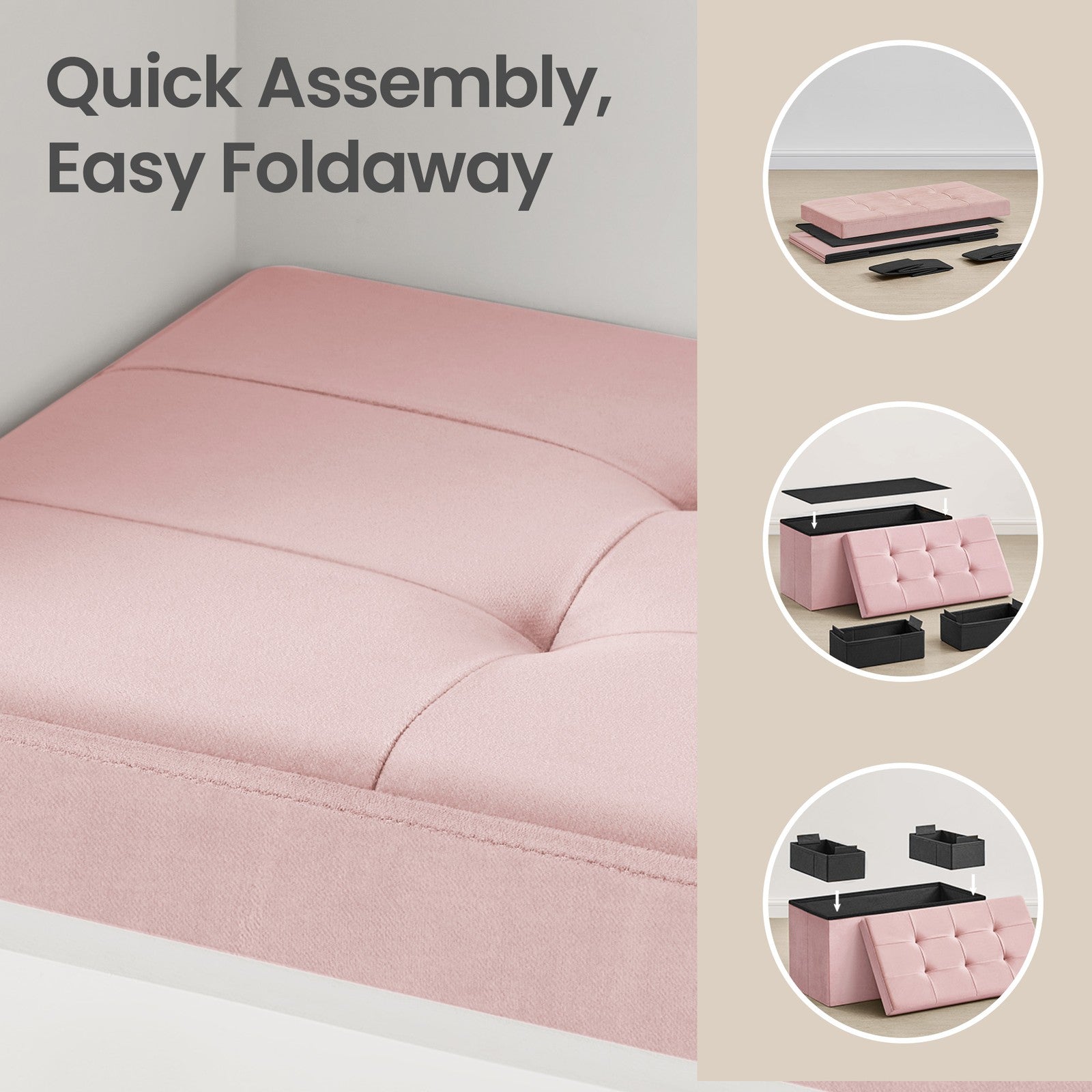 Storage Ottoman, Foldable Velvet Storage Bench - MDF and Velvet - Pink