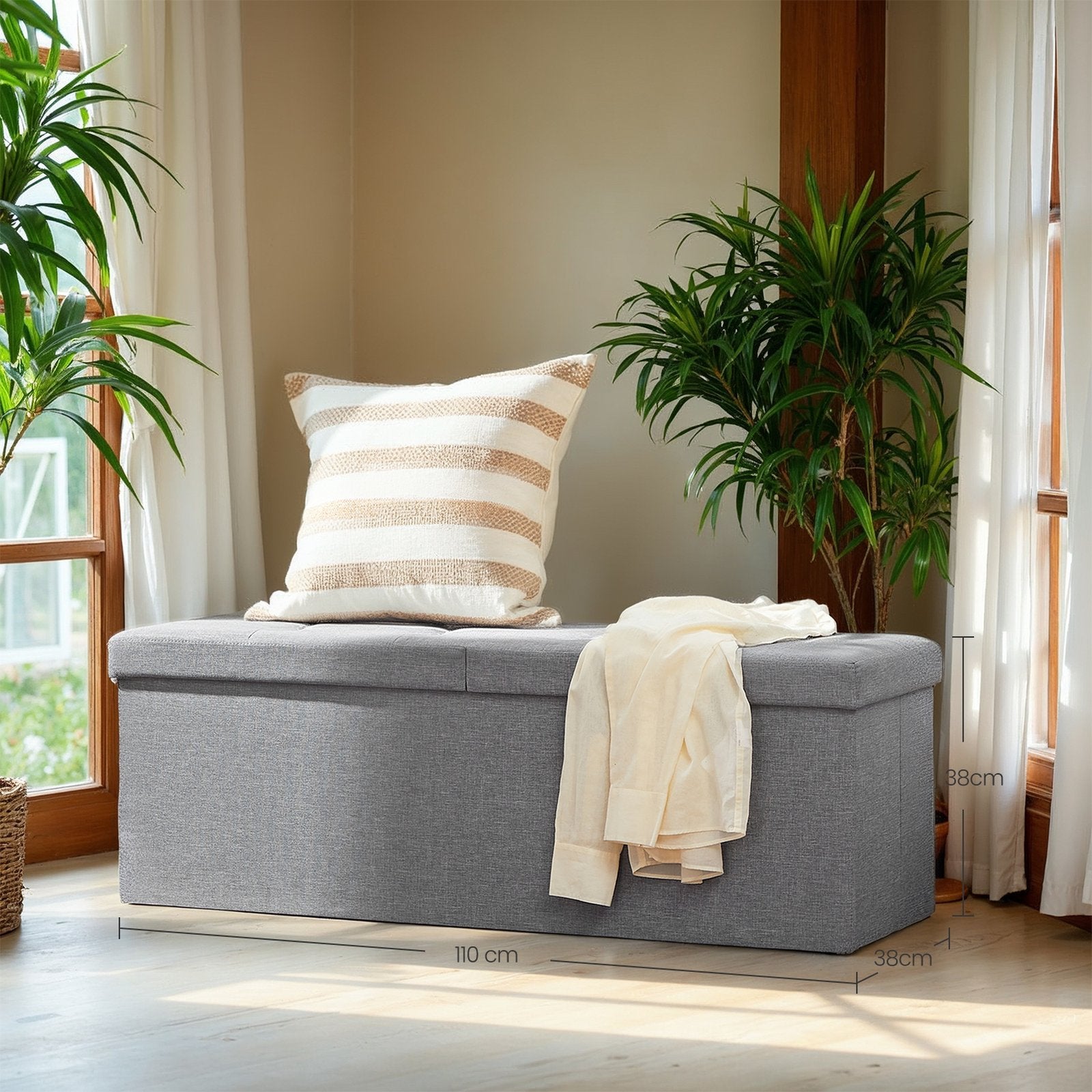 Foldable Storage Ottoman - Fabric - Light Grey - 120L Capacity with Flipping Lid