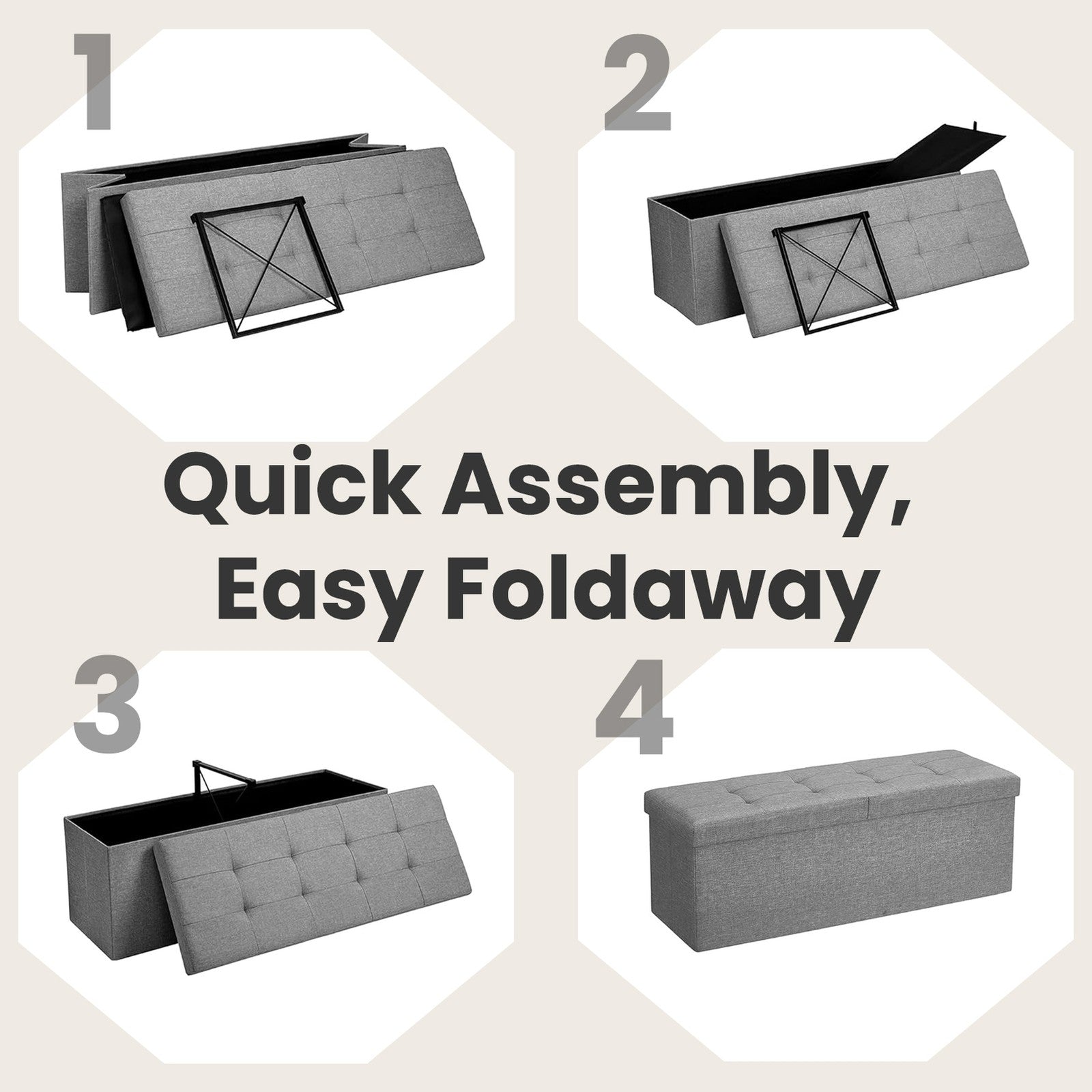 Foldable Storage Ottoman - Fabric - Light Grey - 120L Capacity with Flipping Lid