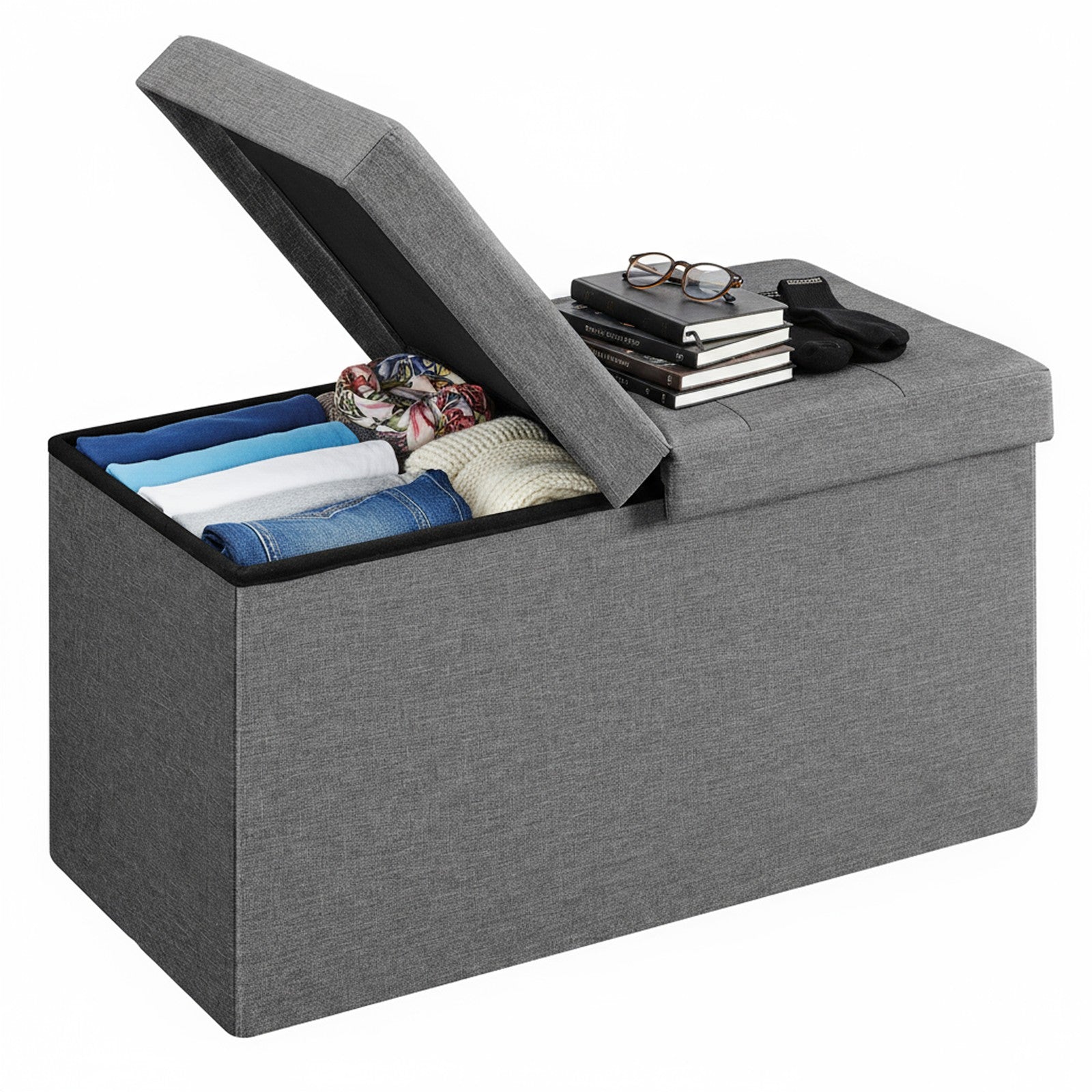 Foldable Storage Ottoman Bench - Fabric - Grey - 300 kg Load Capacity with Flip Lid