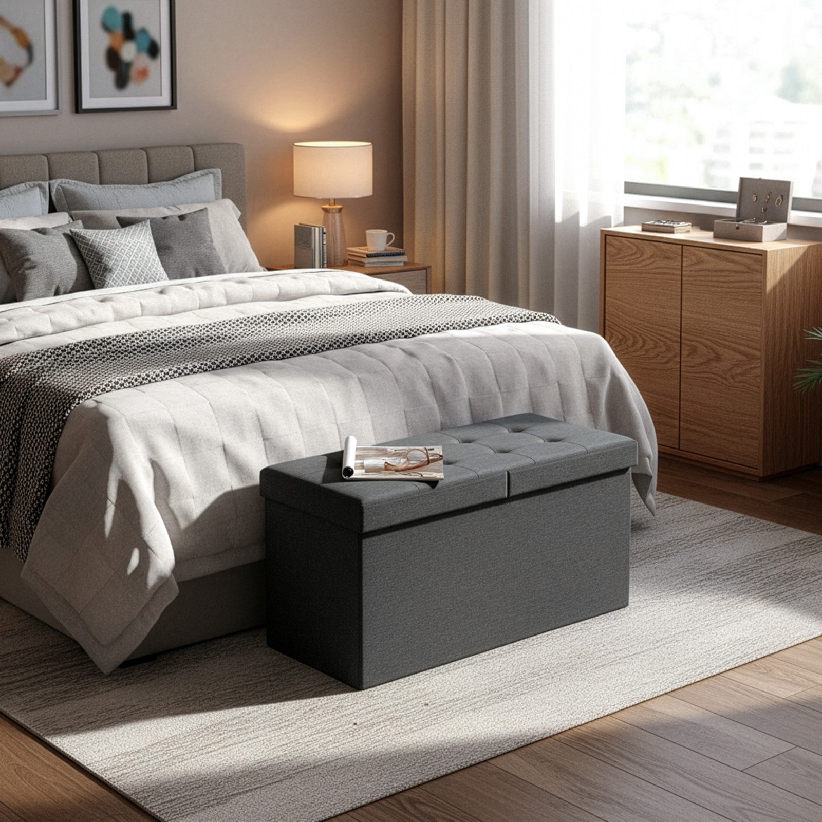 Foldable Storage Ottoman Bench - Fabric - Grey - 300 kg Load Capacity with Flip Lid