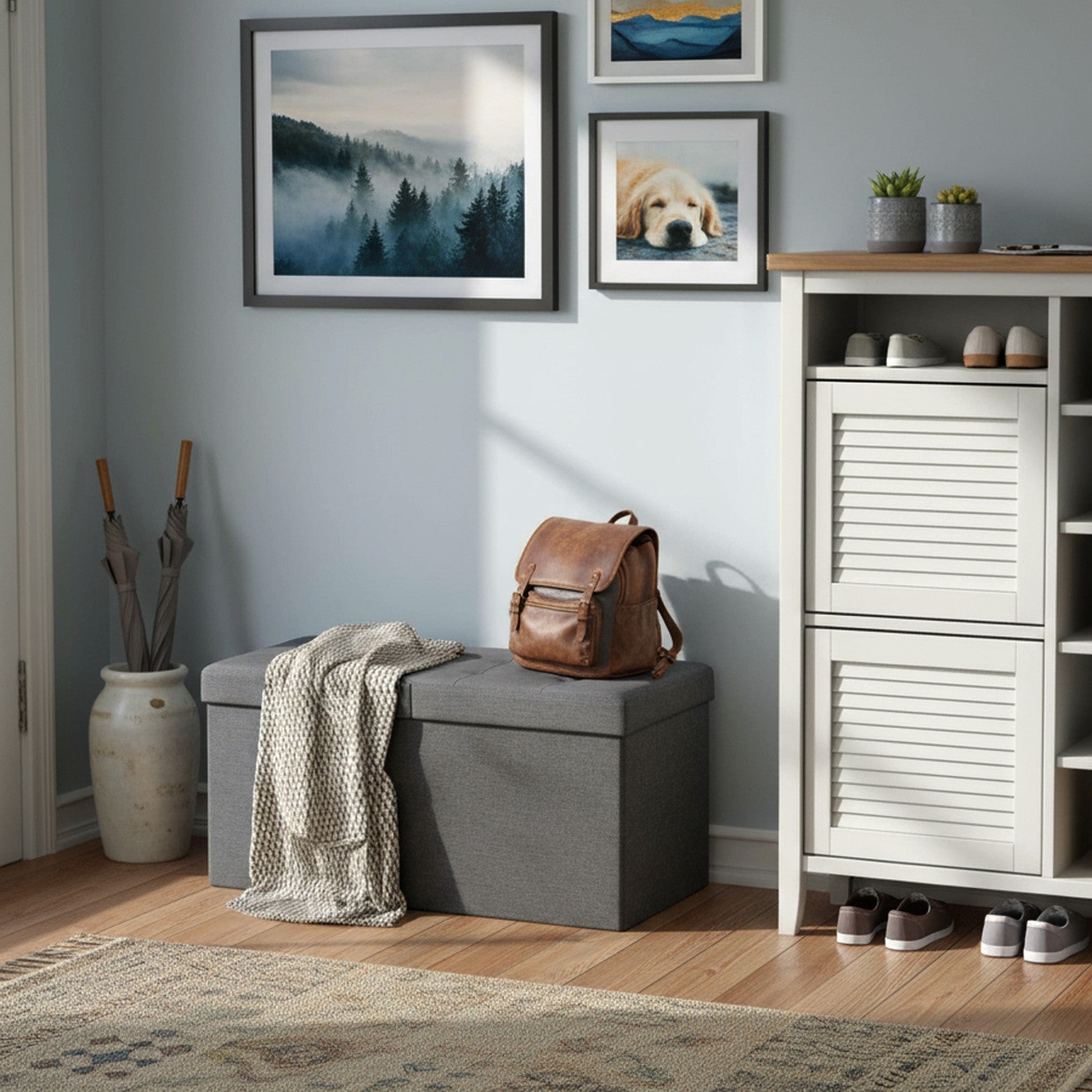 Foldable Storage Ottoman Bench - Fabric - Grey - 300 kg Load Capacity with Flip Lid