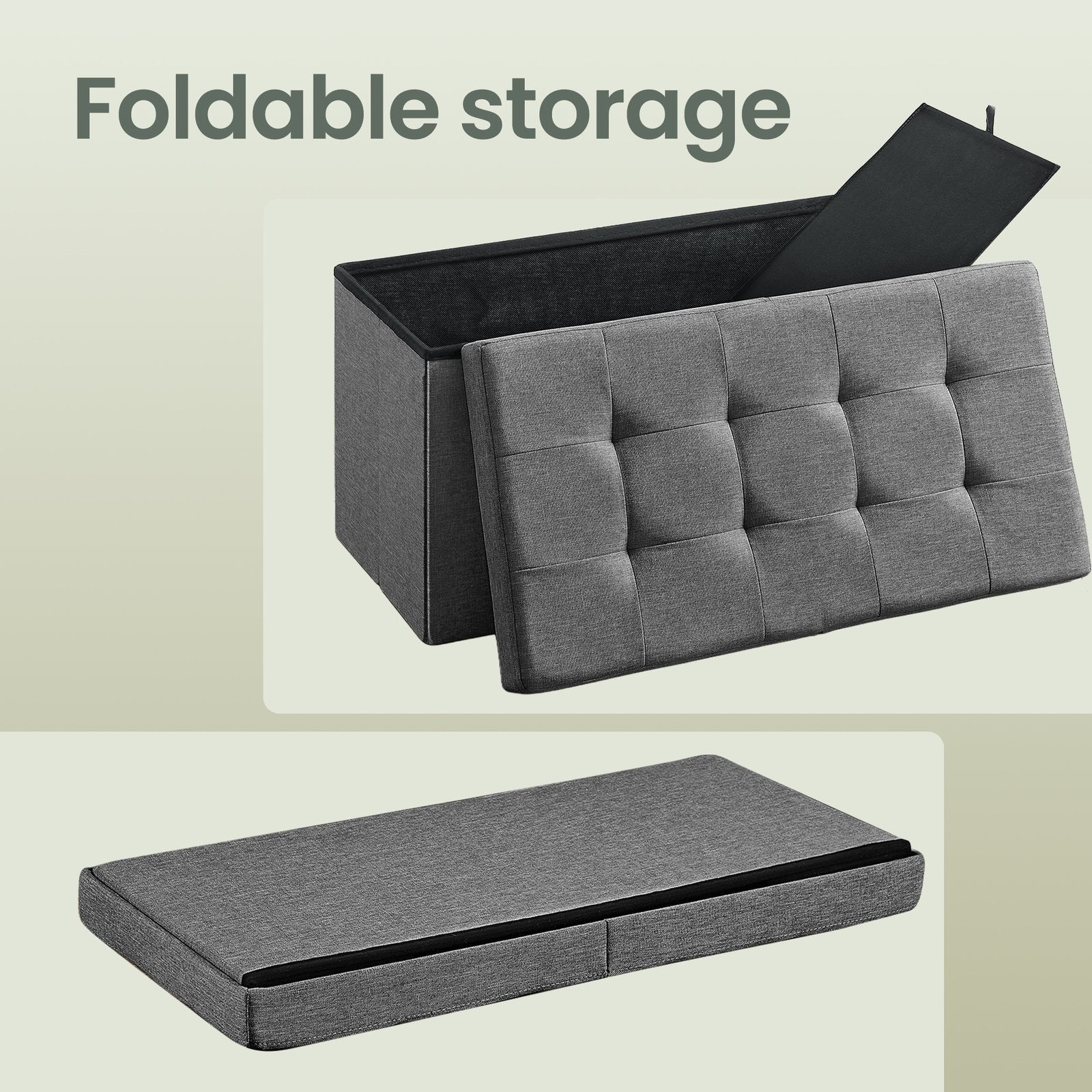 Foldable Storage Ottoman Bench - Fabric - Grey - 300 kg Load Capacity with Flip Lid