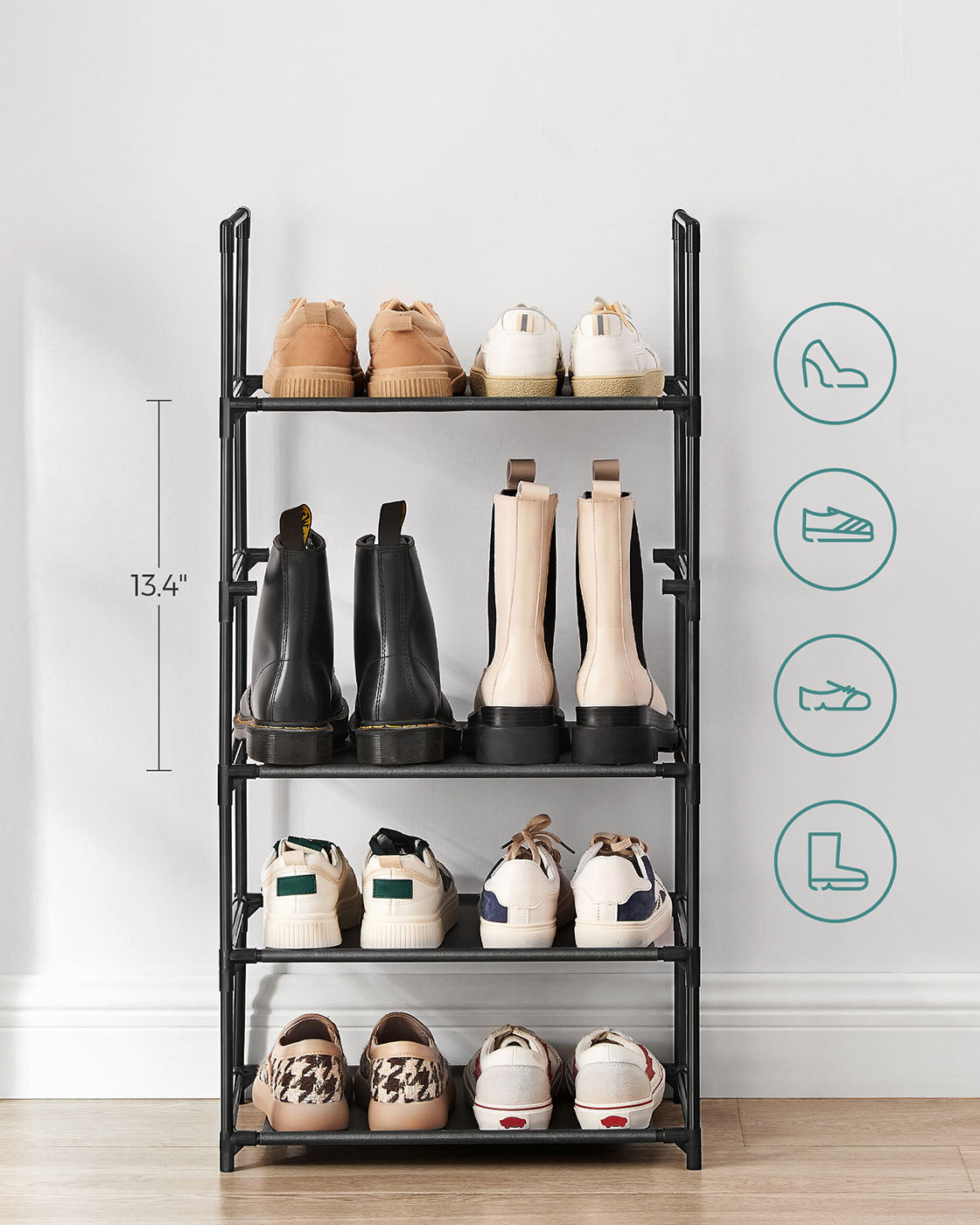 5-Tier Shoe Rack - Metal Frame - Black
