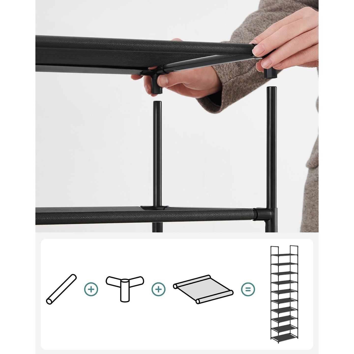 10-Tier Shoe Rack - Metal Frame - Black