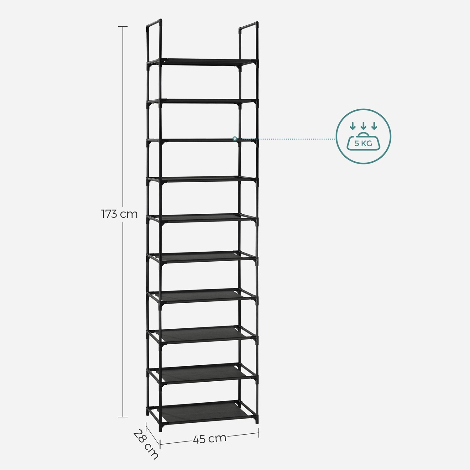 10-Tier Shoe Rack - Metal Frame - Black