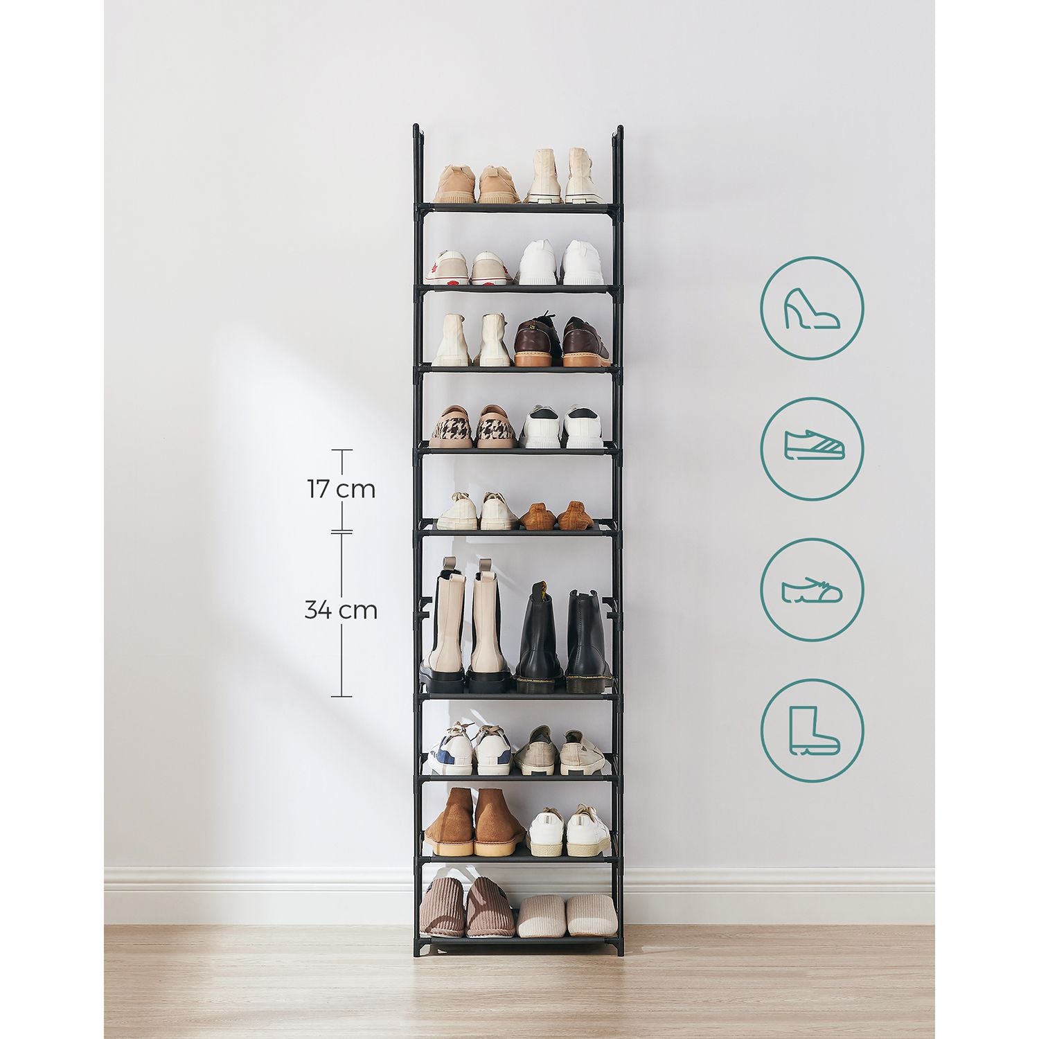 10-Tier Shoe Rack - Metal Frame - Black
