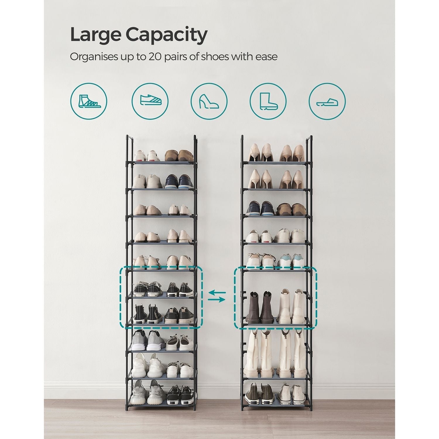 10-Tier Shoe Rack - Metal Frame - Black - Space-Saving Shoe Storage