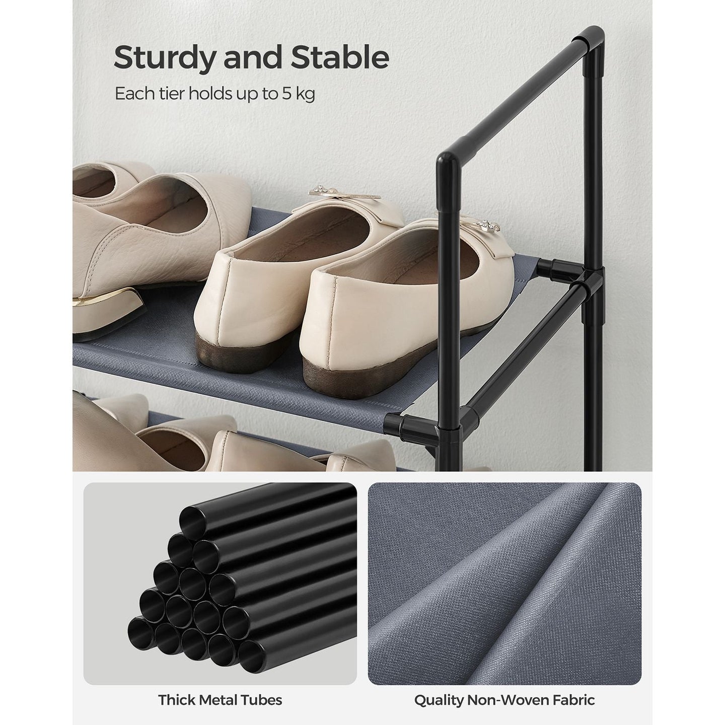 10-Tier Shoe Rack - Metal Frame - Black - Space-Saving Shoe Storage