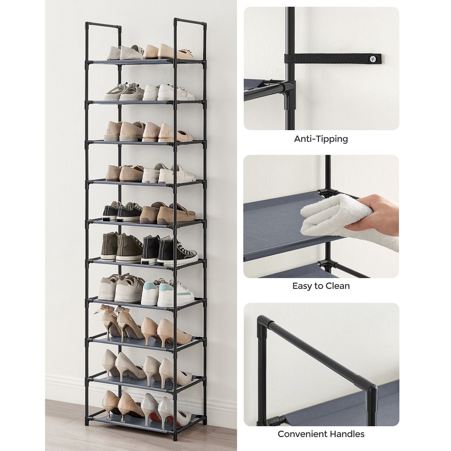 10-Tier Shoe Rack - Metal Frame - Black - Space-Saving Shoe Storage