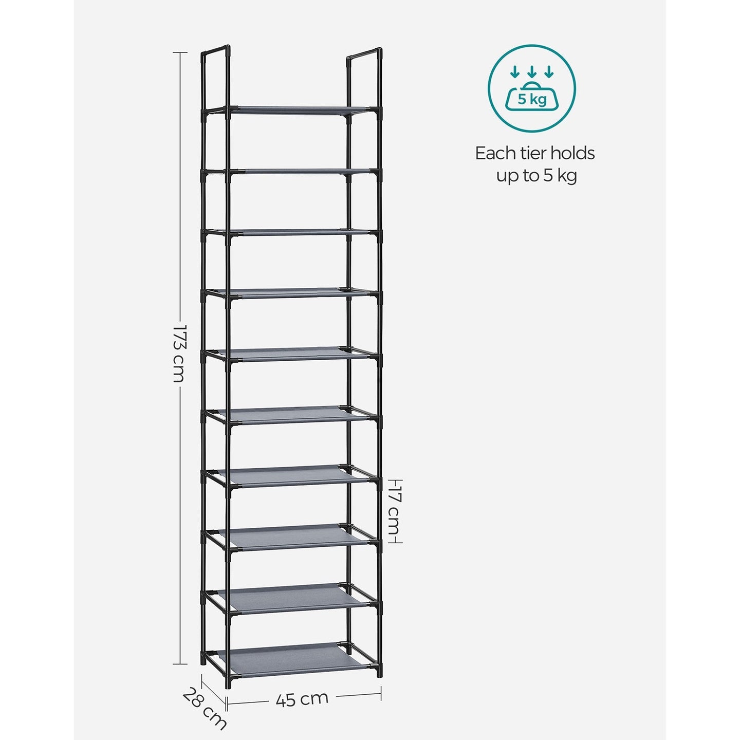 10-Tier Shoe Rack - Metal Frame - Black - Space-Saving Shoe Storage