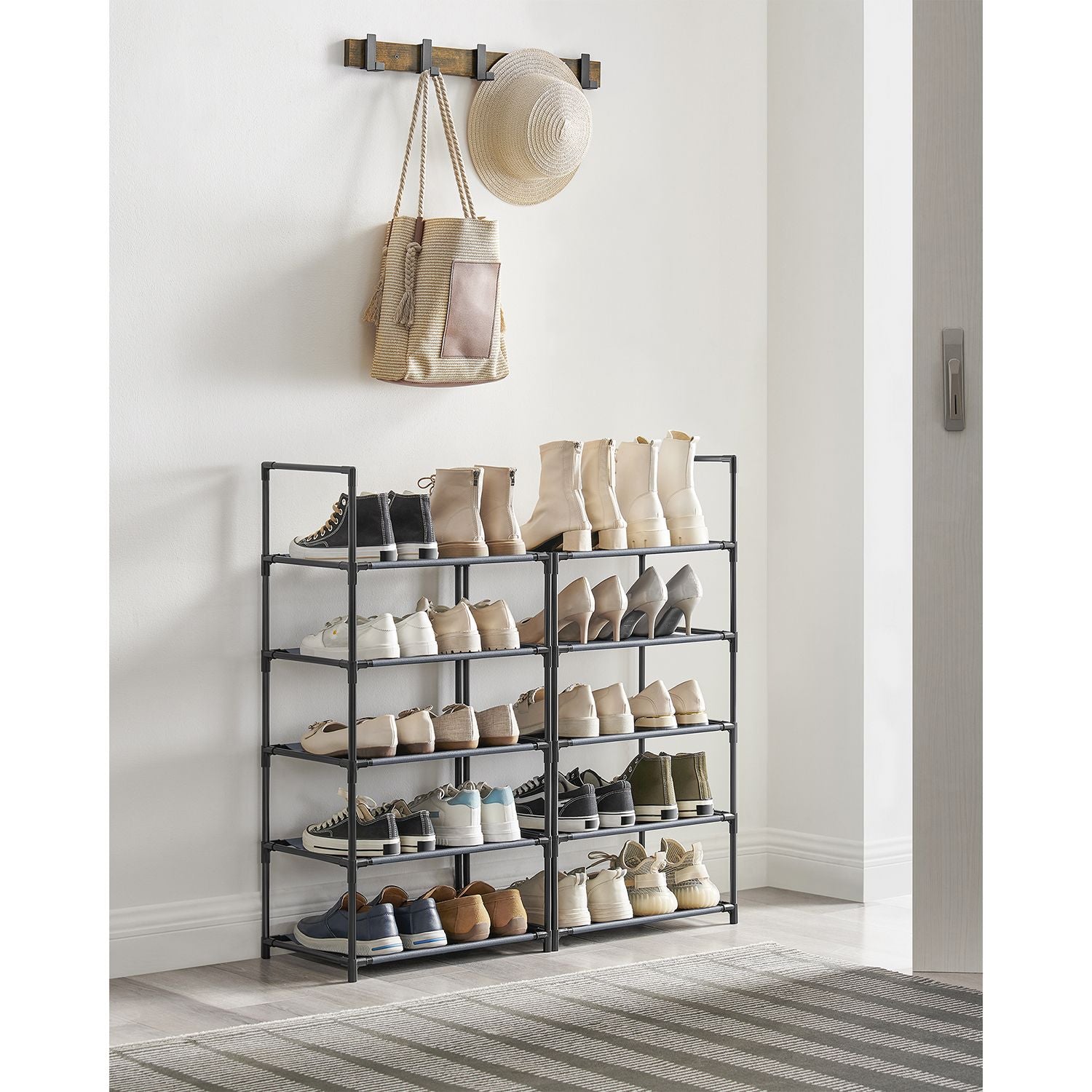 10-Tier Shoe Rack - Metal Frame - Black - Space-Saving Shoe Storage