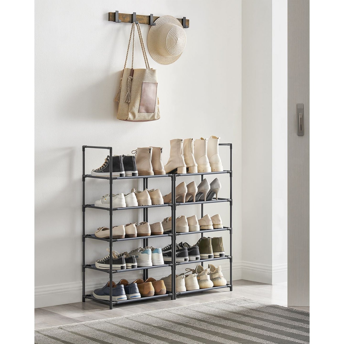10-Tier Shoe Rack - Metal Frame - Black - Space-Saving Shoe Storage