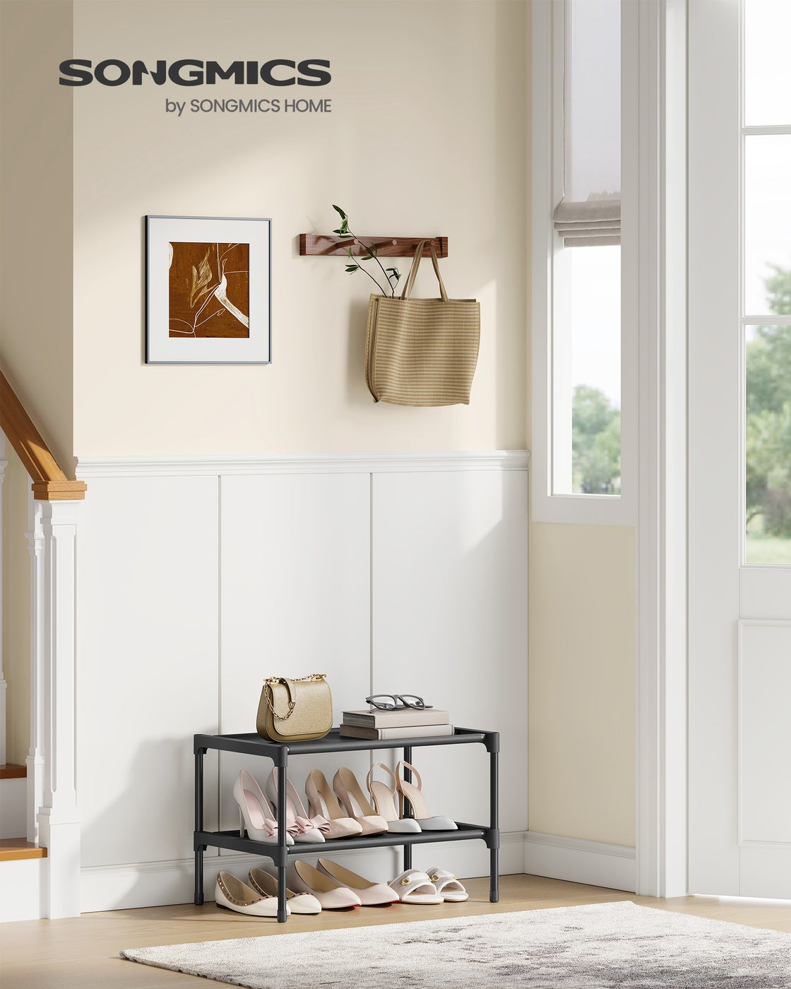 2-Tier Shoe Rack, Hallway Storage - Steel and Fabric - Ink Black