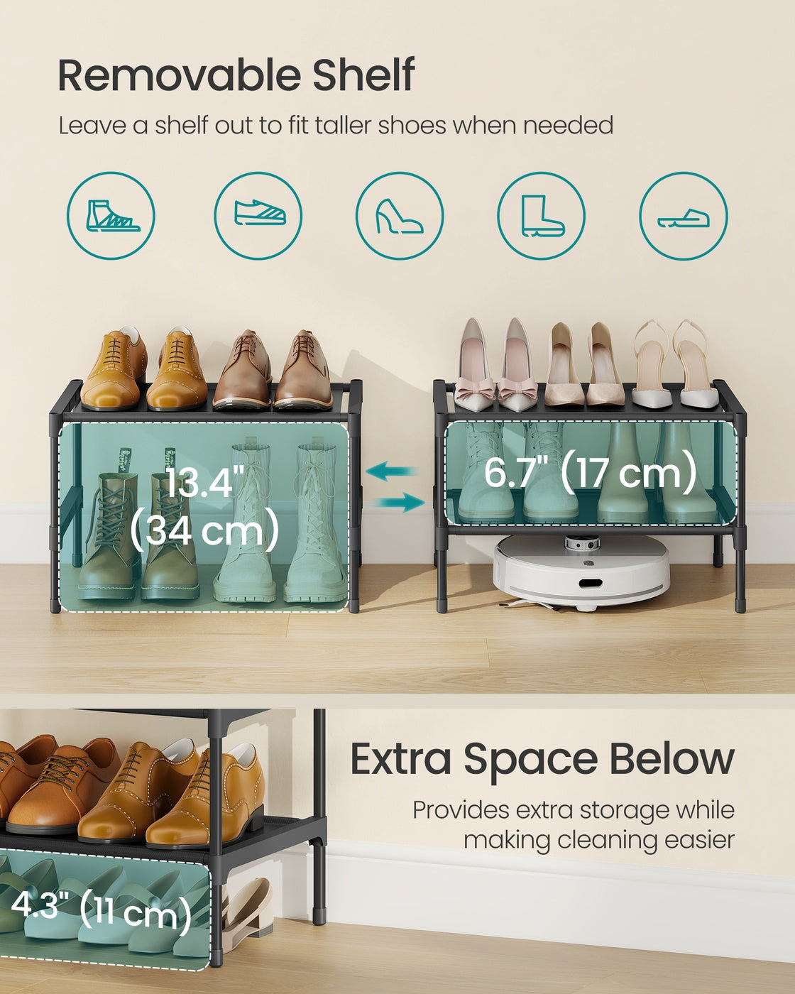 2-Tier Shoe Rack, Hallway Storage - Steel and Fabric - Ink Black