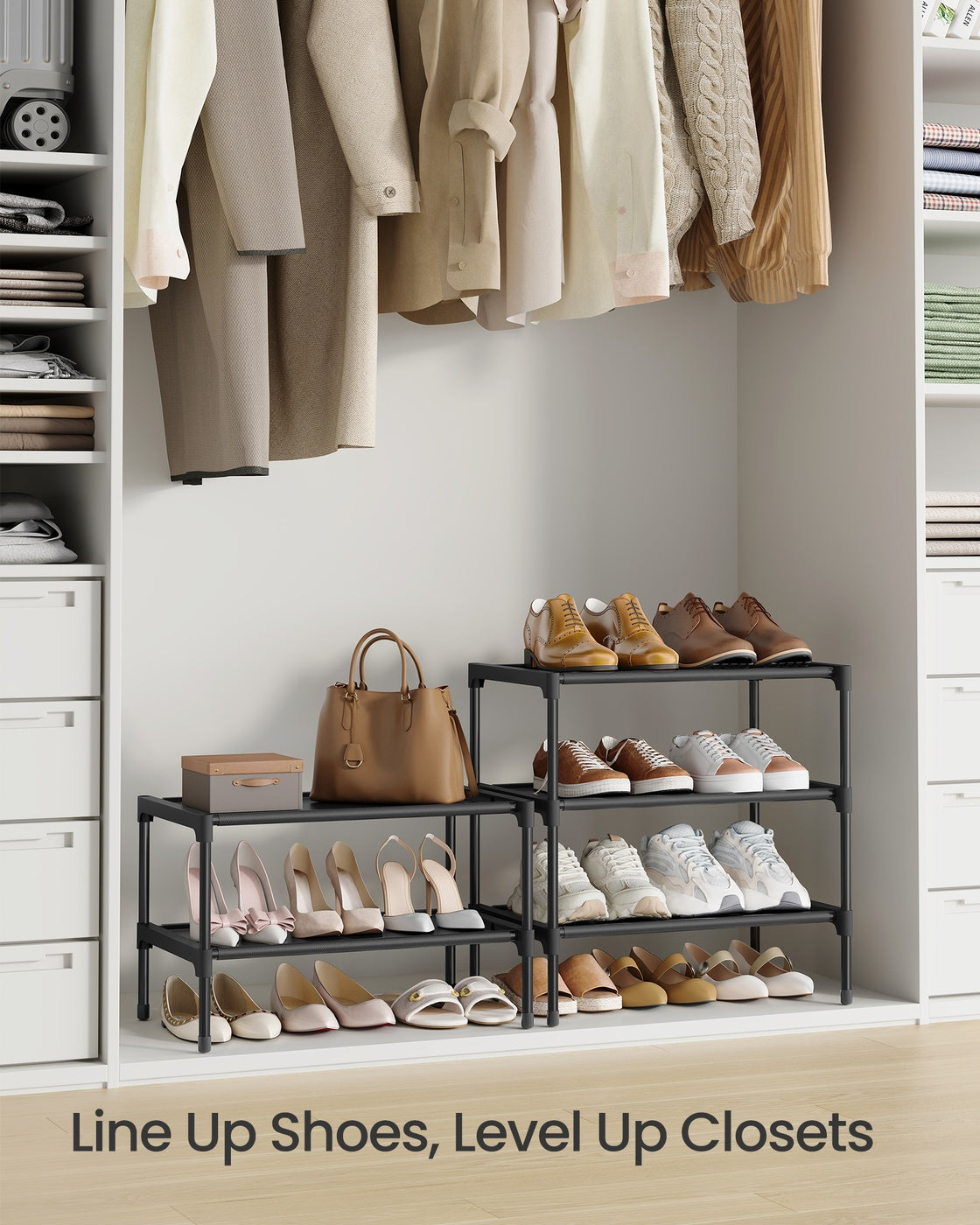 2-Tier Shoe Rack, Hallway Storage - Steel and Fabric - Ink Black