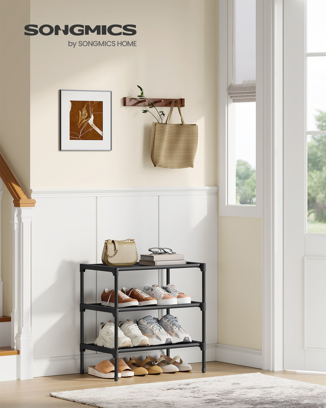 3-Tier Shoe Rack, Hallway Storage - Steel and Fabric - Ink Black