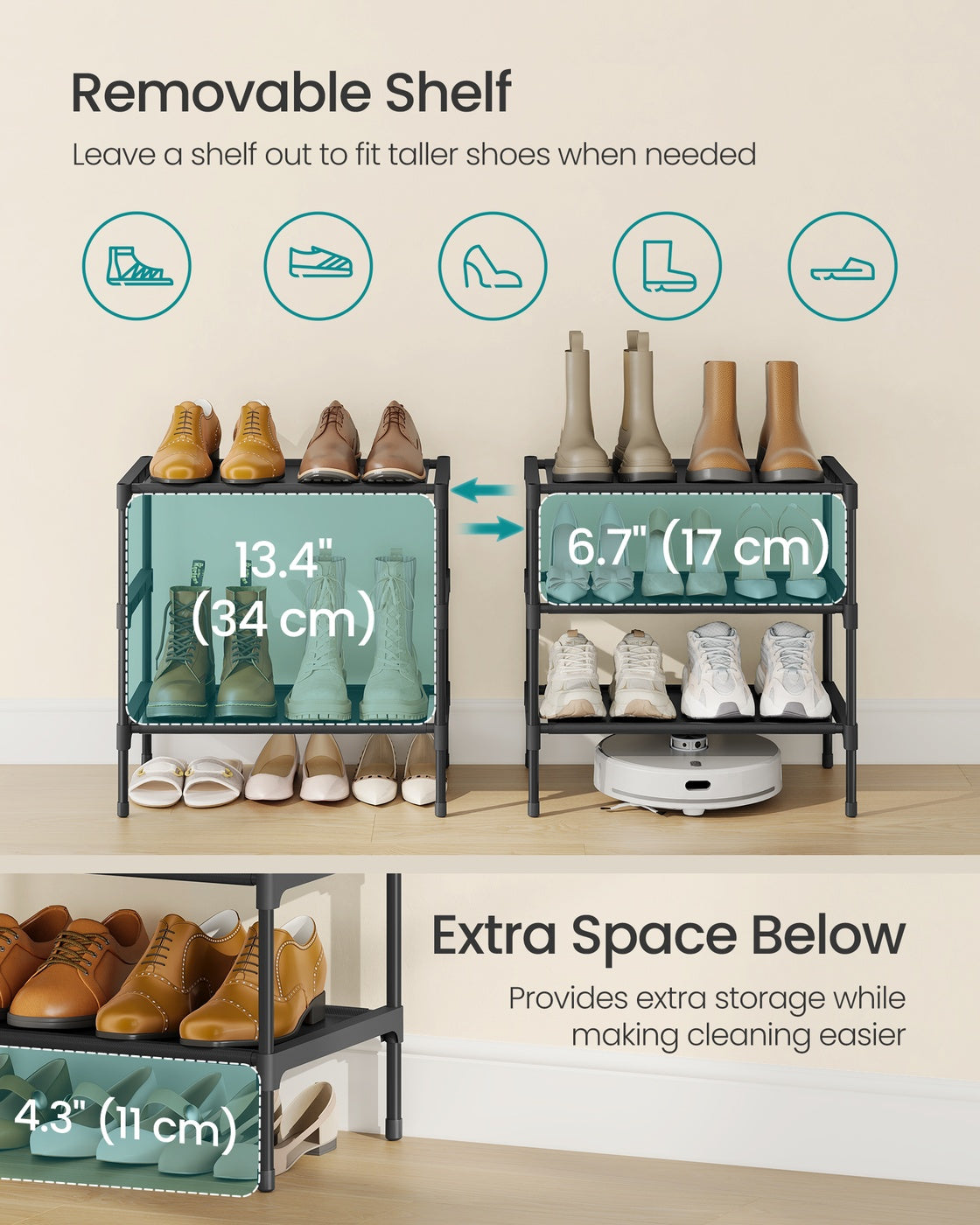3-Tier Shoe Rack, Hallway Storage - Steel and Fabric - Ink Black