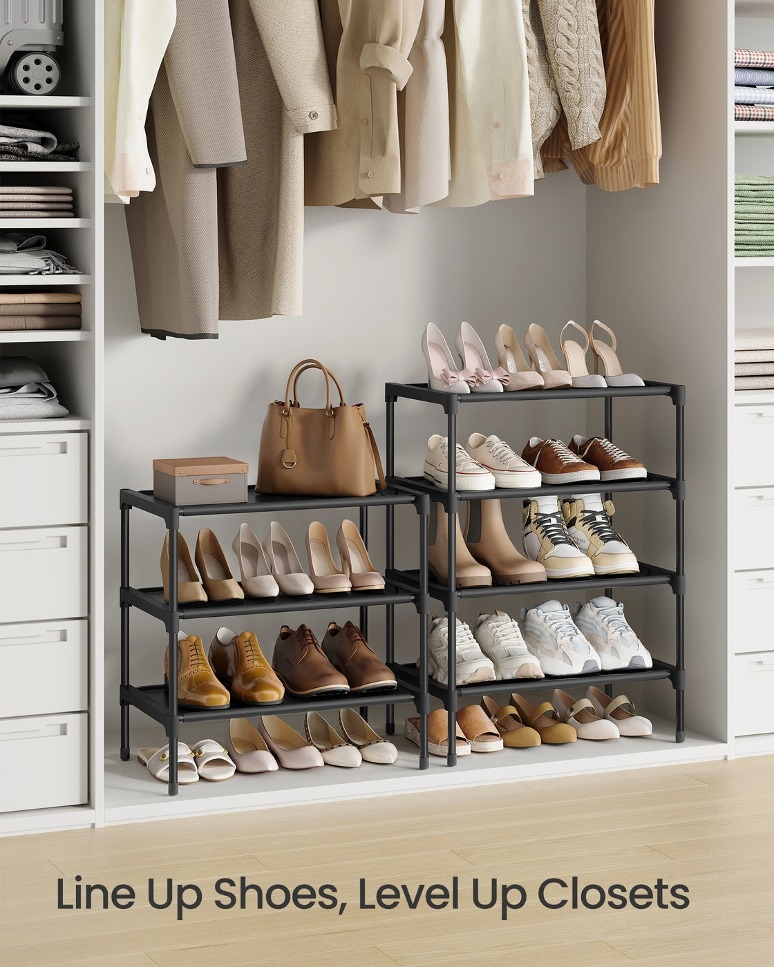 3-Tier Shoe Rack, Hallway Storage - Steel and Fabric - Ink Black
