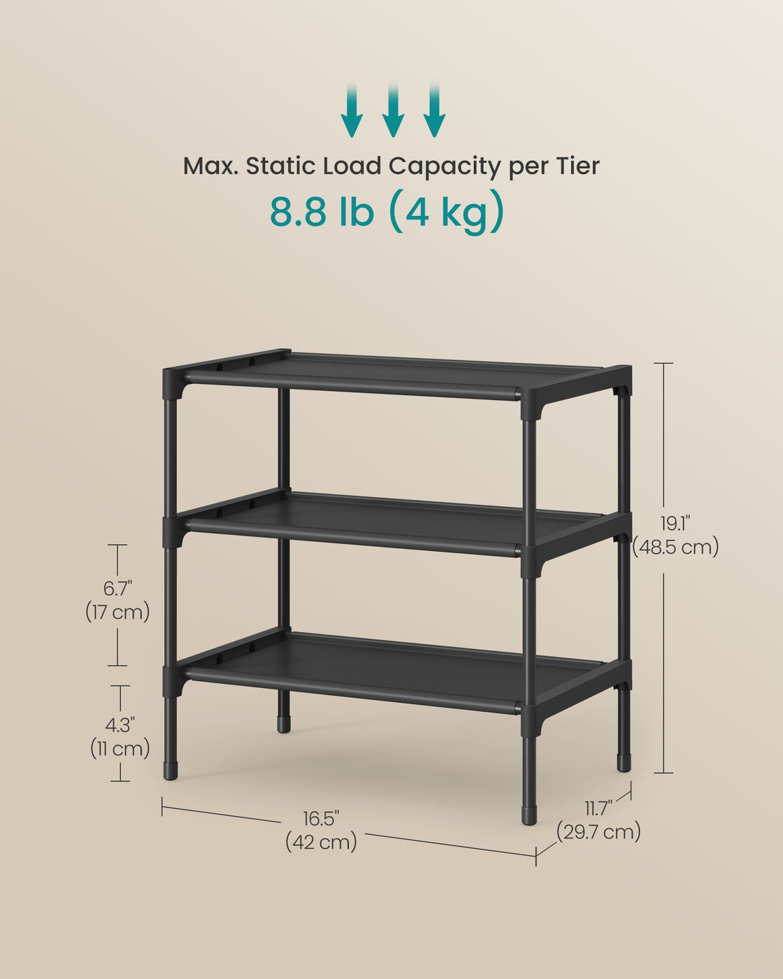 3-Tier Shoe Rack, Hallway Storage - Steel and Fabric - Ink Black