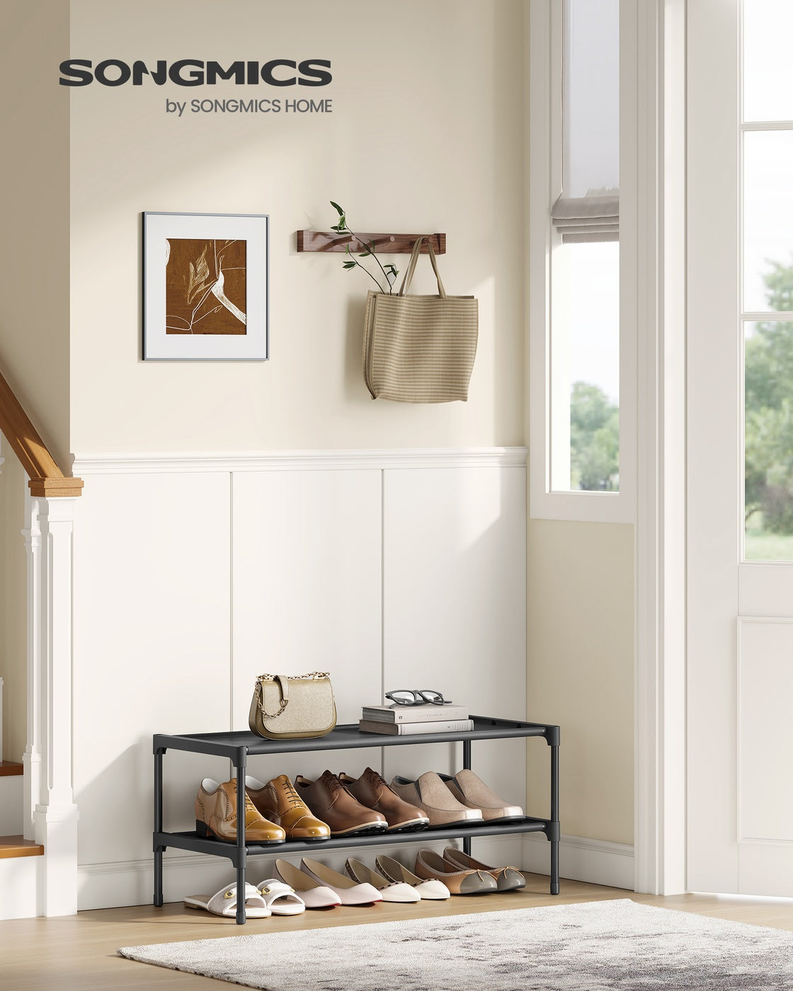 2-Tier Shoe Rack Shoe Storage Organiser - Steel and Fabric - Ink Black