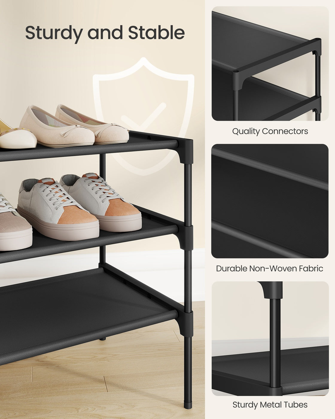 2-Tier Shoe Rack Shoe Storage Organiser - Steel and Fabric - Ink Black