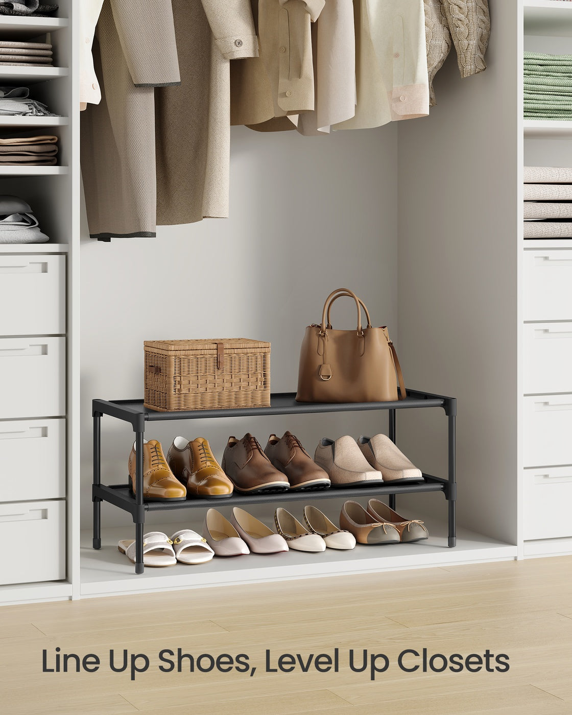 2-Tier Shoe Rack Shoe Storage Organiser - Steel and Fabric - Ink Black