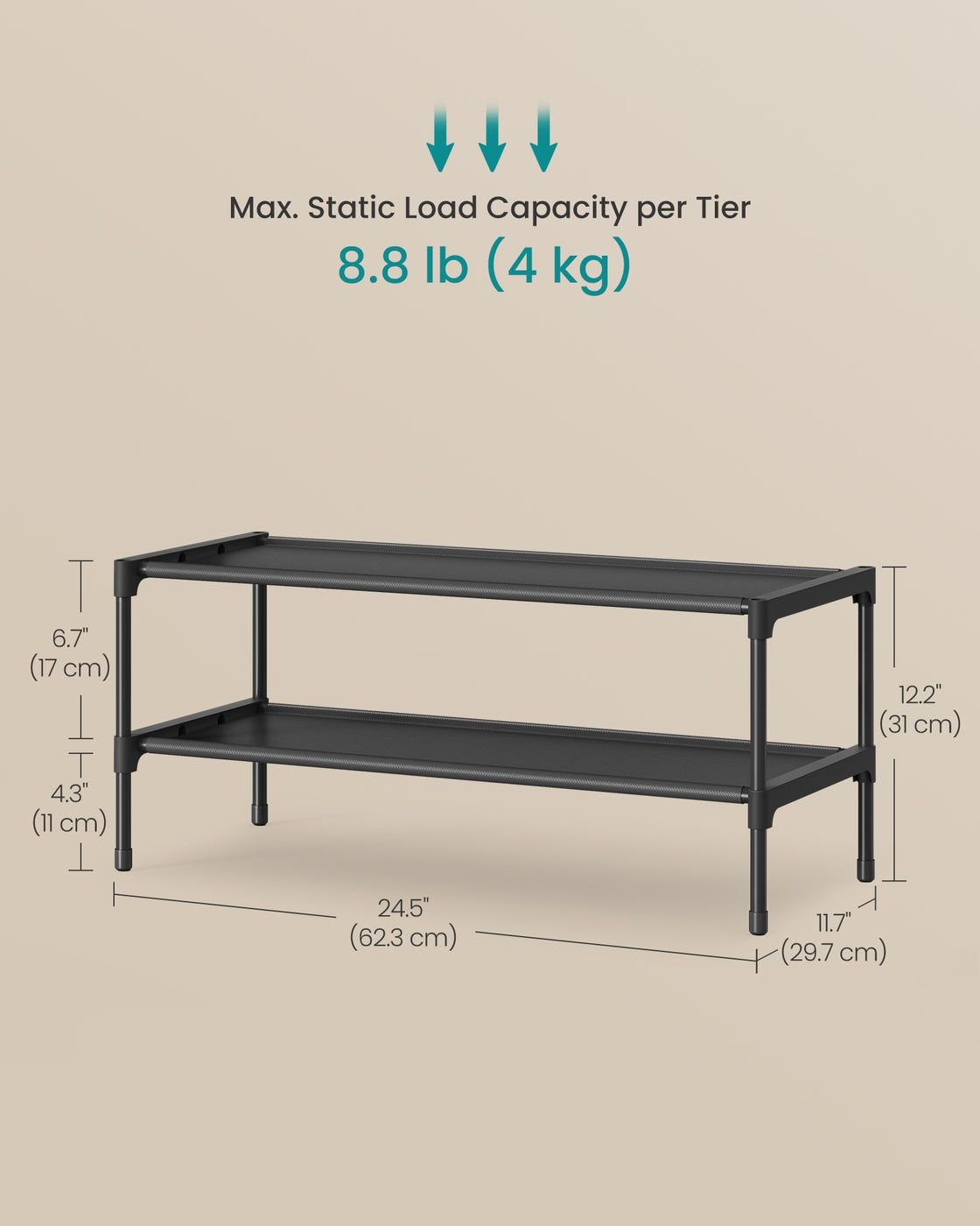 2-Tier Shoe Rack Shoe Storage Organiser - Steel and Fabric - Ink Black