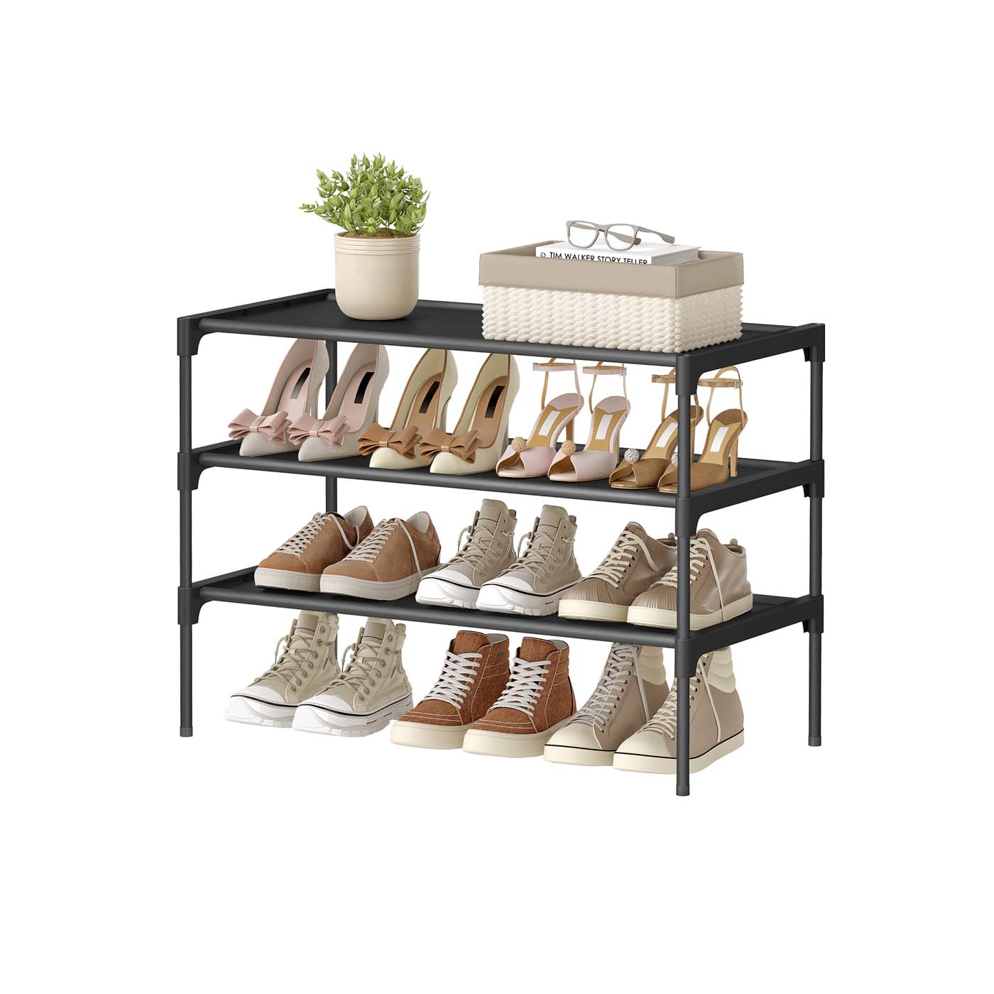 3-Tier Shoe Rack - Metal Frame - Ink Black - Durable and Reliable
