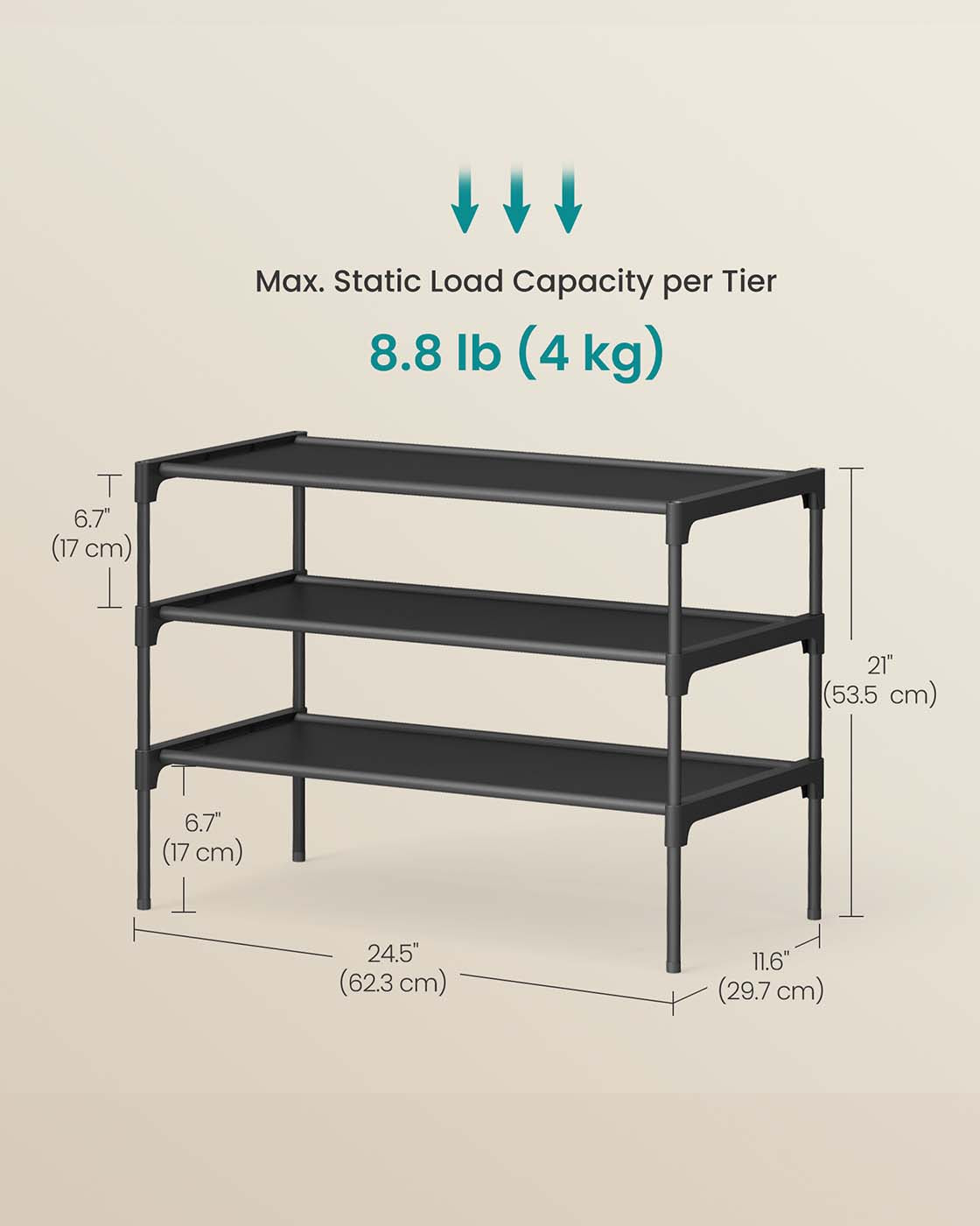 3-Tier Shoe Rack - Metal Frame - Ink Black - Durable and Reliable