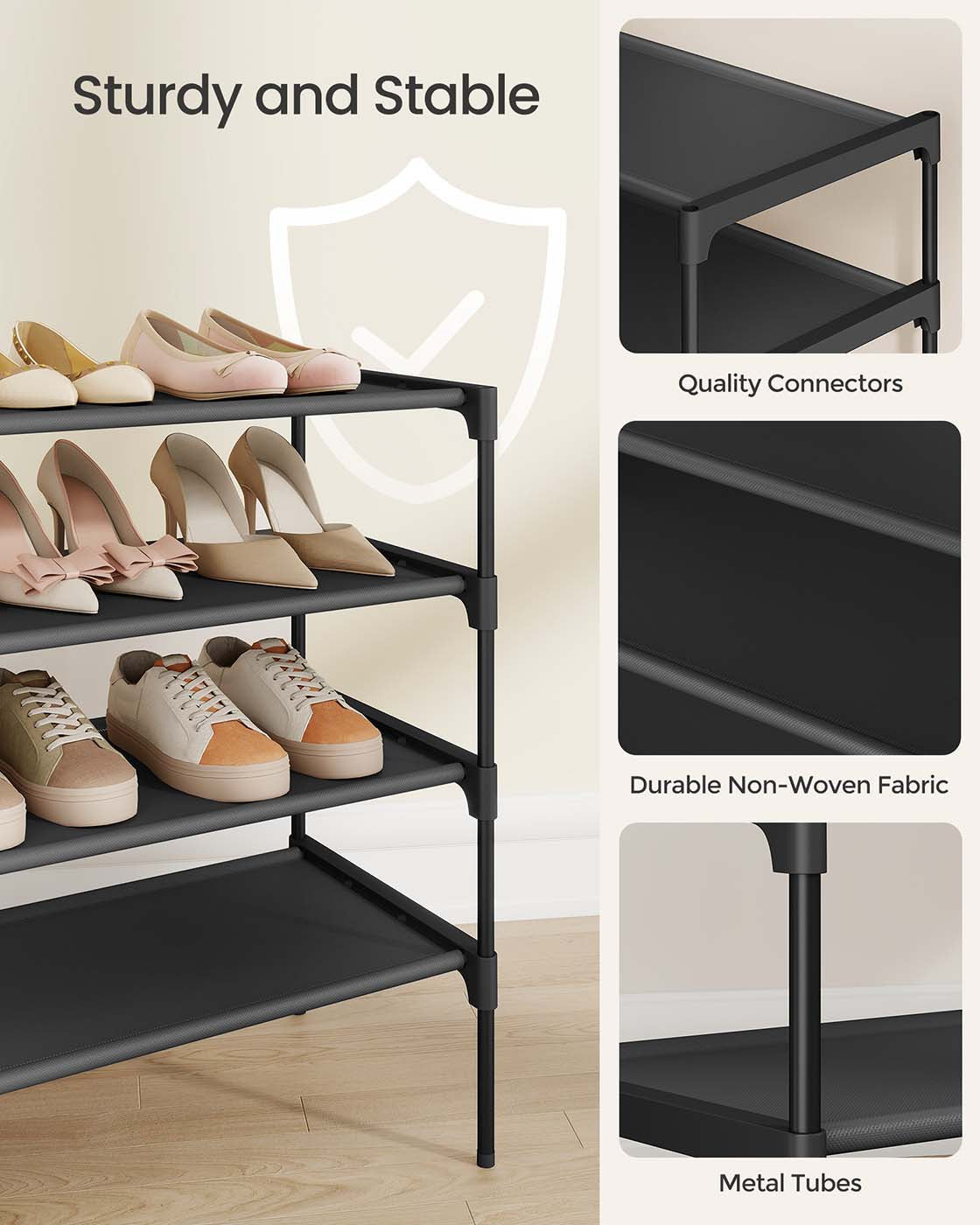 4-Tier Shoe Rack - Non-Woven Fabric - Ink Black