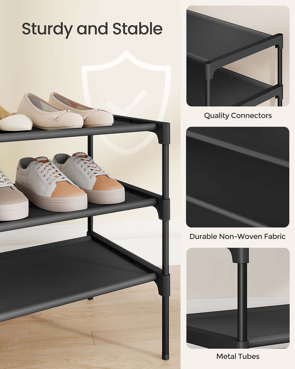 3-Tier Shoe Rack - Metal Frame - Ink Black