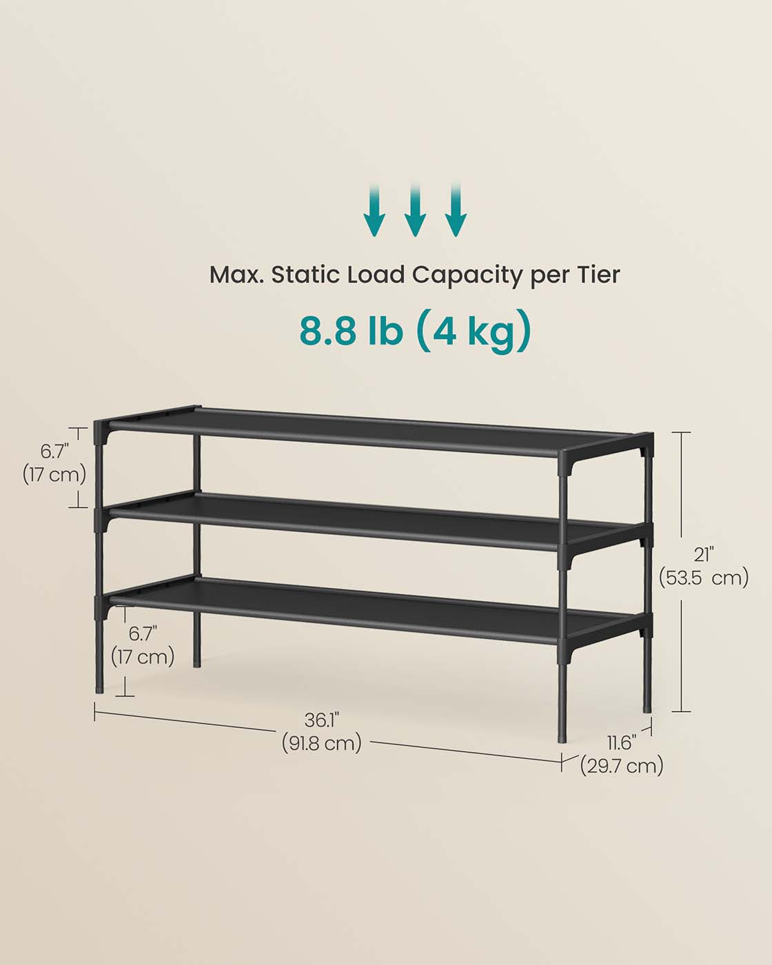 3-Tier Shoe Rack - Metal Frame - Ink Black