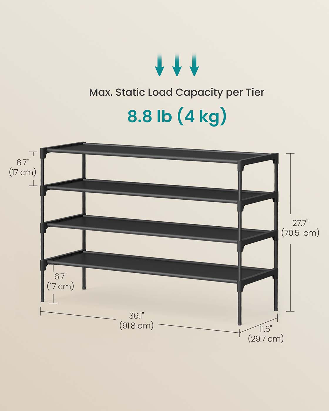 4-Tier Shoe Rack - Non-Woven Fabric - Ink Black