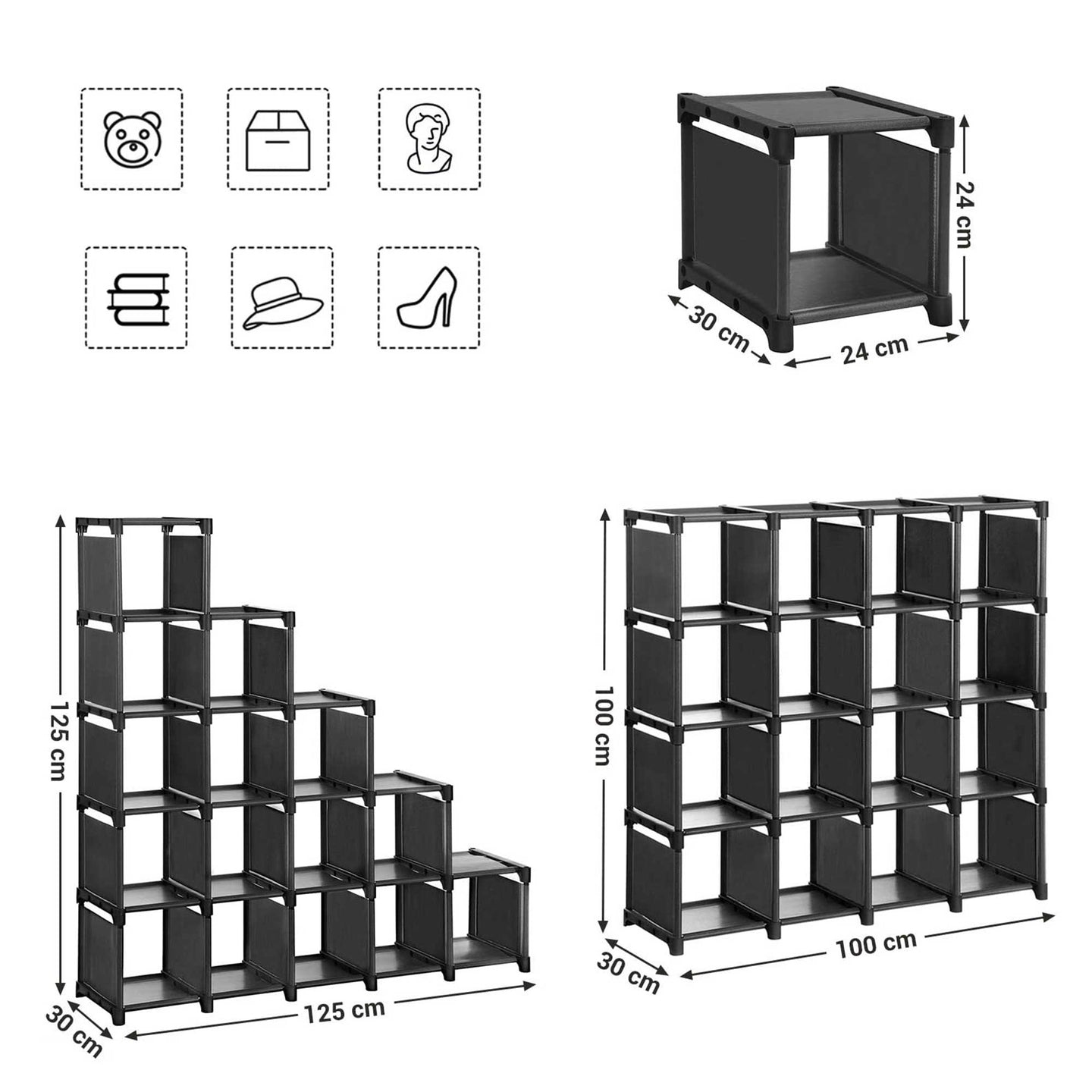 16-Cube Shoe Rack - Engineered Wood - Black
