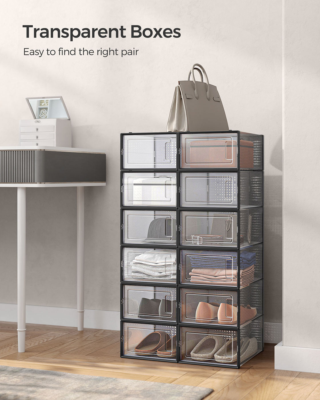 Shoe Storage Boxes - Transparent Plastic - Ink Black - Stackable Organizer for Sizes Up to UK 11