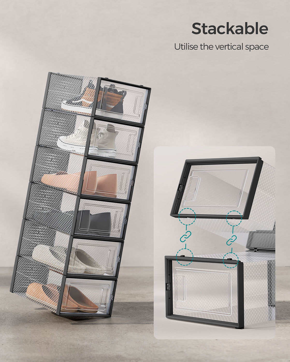 Shoe Storage Boxes - Transparent Plastic - Ink Black - Stackable Organizer for Sizes Up to UK 11